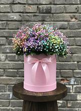 Цветочная композиция из Гипсофила и Розы в шляпной коробке в Белоярском Свердловской области
