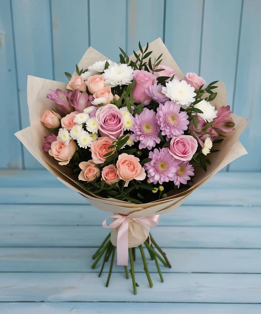 Букет цветов из: Хризантемы, Розы и Альстромерии в Белоярском Свердловской области