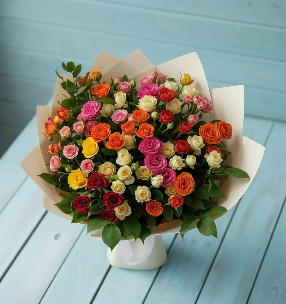Букет Микс из разноцветных кустовых роз в Белоярском Свердловской области