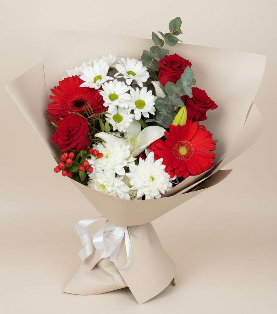 Букет цветов из: Розы, Хризантемы, Герберы и Лилии в Белоярском Свердловской области