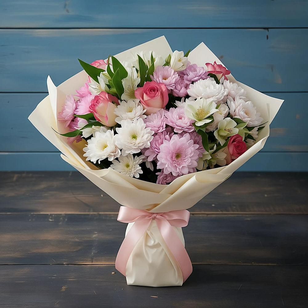 Букет цветов из: Хризантемы, Альстромерии и Розы в Белоярском Свердловской области